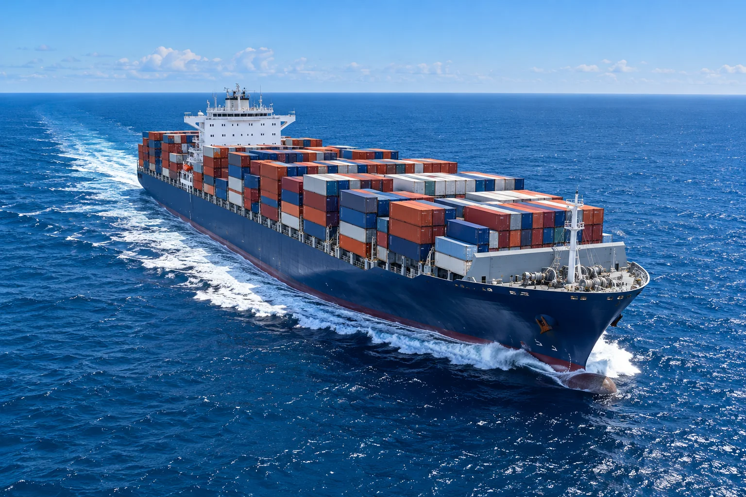 Container ship crossing open ocean