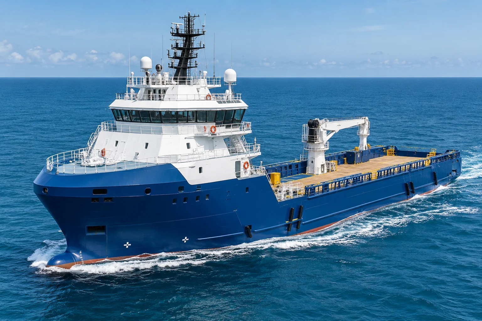 Modern offshore support vessel with a clean blue hull and white bridge